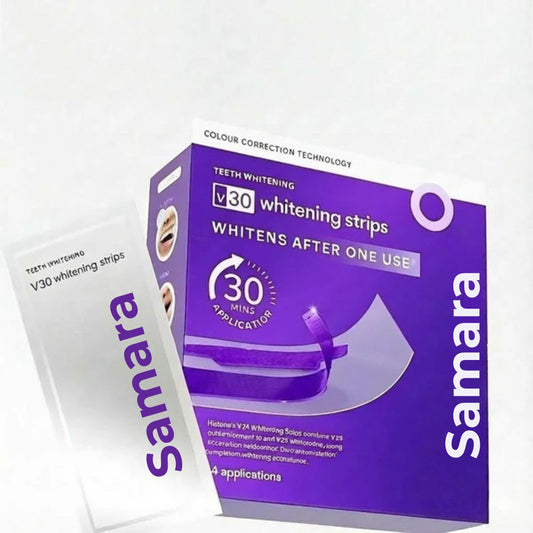 Tiras Blanqueadoras Dentales Samara® V30: ¡Elimina años de manchas difíciles en solo 30 minutos para una sonrisa más brillante! Aptas para dientes sensibles.